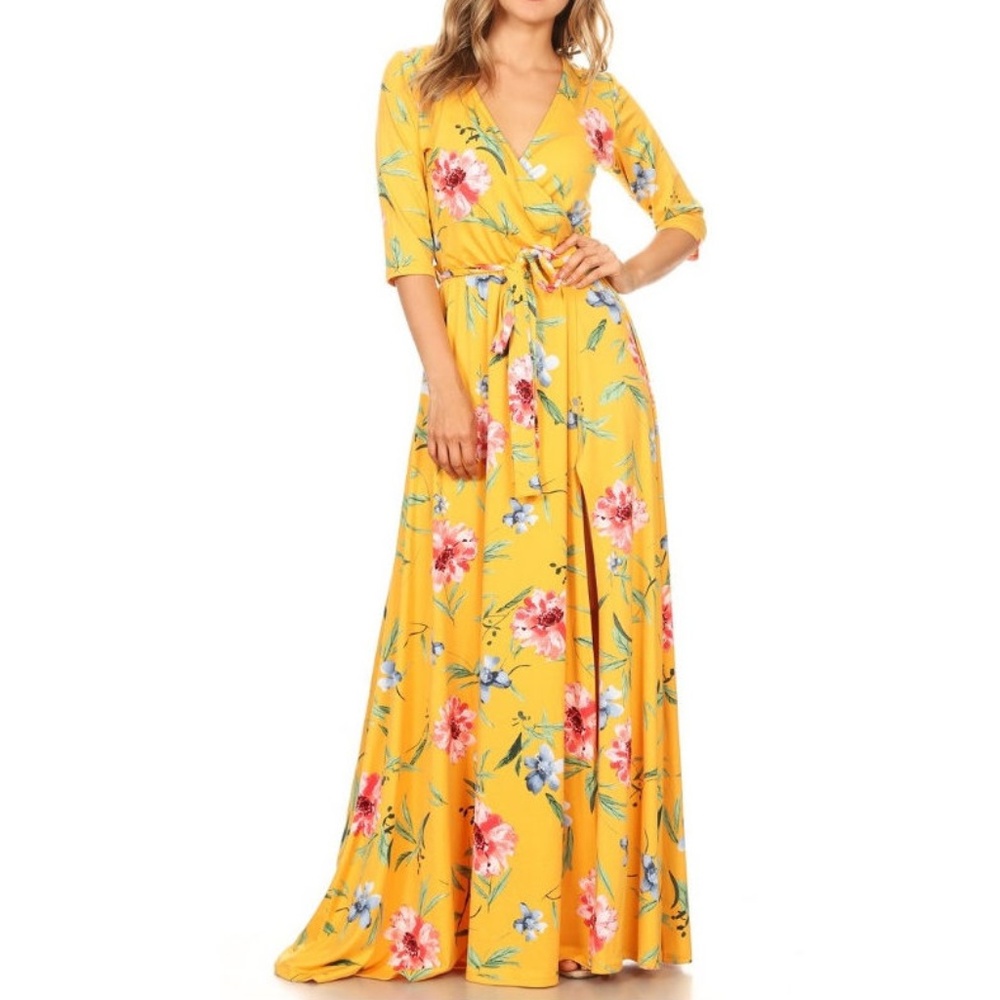 Boho Yellow Floral Print Faux Wrap Belted Jersey Maxi Dress